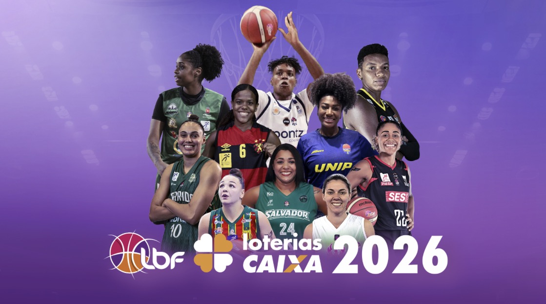 Arte criada para o banner da temporada 2026 LBF Loterias Caixa com as atletas representantes de cada time